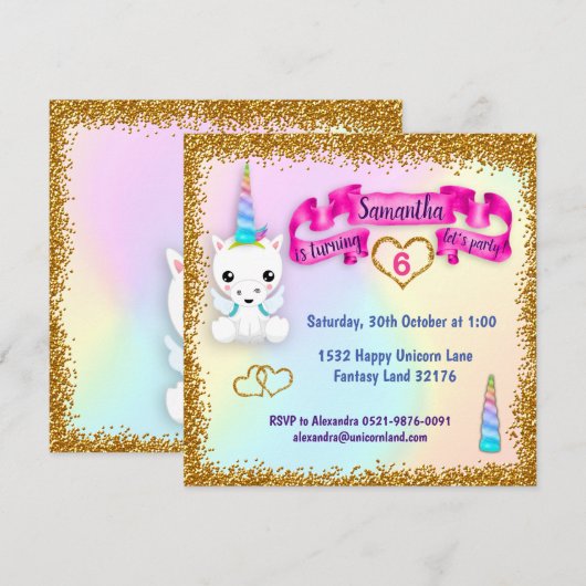 Pastel en Glitter Unicorn Birthday Kaart (Voorkant / Achterkant)