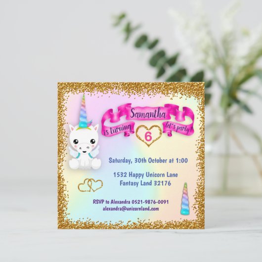 Pastel en Glitter Unicorn Birthday Kaart (Staand voorkant)