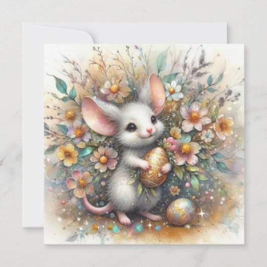 Pastel en Gouden Sparkle Muis en Paaseieren Feestdagenkaart (Voorkant)