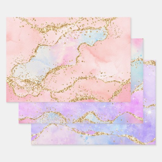 Pastel en goudfaux-glitteragaat inpakpapier vel (Set)