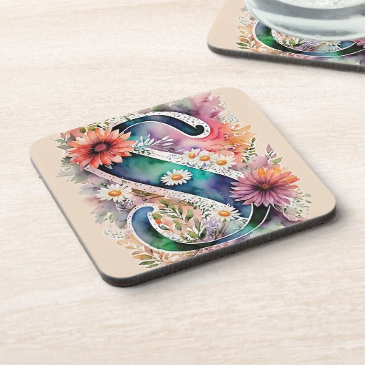 Pastel en juweel Toon Waterverf Bloemen Monogram Bier Onderzetter (Linkerzijde)