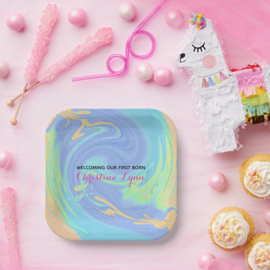 Pastel en roze pasgeboren met foto papieren bordje (Feest)