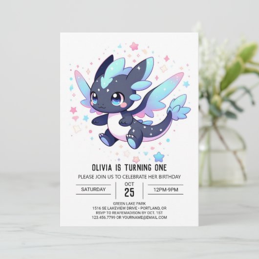 Pastel Enchanted Dragon 1e verjaardag Kaart (Staand voorkant)