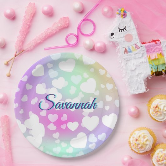 Pastel Falling Hearts gepersonaliseerd Papieren Bordje (Feest)