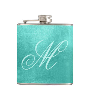 Pastel Fancy Monogram Glanzend Turkoois Folie Heupfles