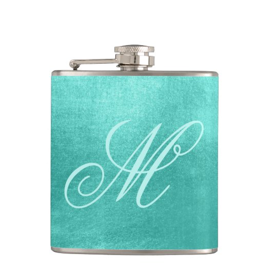 Pastel Fancy Monogram Glanzend Turkoois Folie Heupfles (Voorkant)