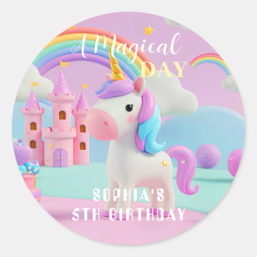 Pastel Fantasie Eenhoorn Verjaardag Ronde Sticker (Voorkant)