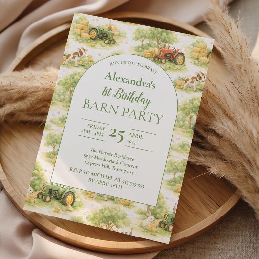 Pastel Farm Tractor Barnyard 1st Birthday Kaart