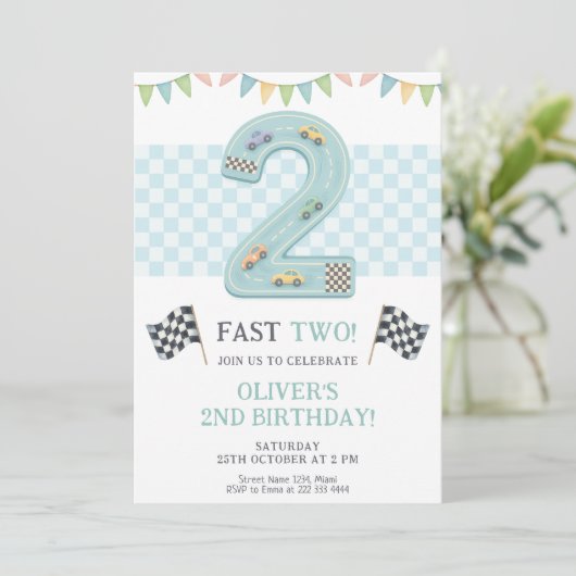 Pastel Fast Two Birthday Race Kaart (Staand voorkant)