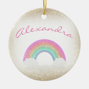 Pastel Faux Glitter Rainbow met aangepaste naam Keramisch Ornament