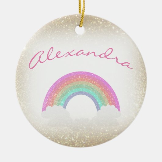 Pastel Faux Glitter Rainbow met aangepaste naam Keramisch Ornament (Voorkant)