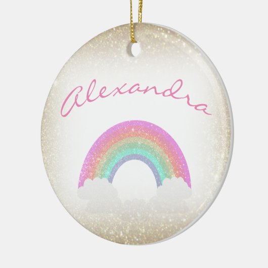 Pastel Faux Glitter Rainbow met aangepaste naam Keramisch Ornament (Links)