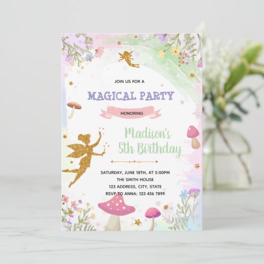 Pastel fee verjaardag uitnodiging (Staand voorkant)