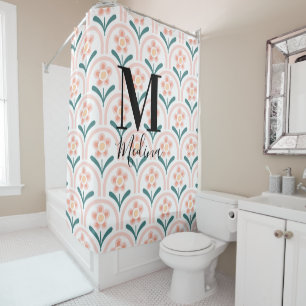 Pastel Flora Patroon Zwart Monogram Modern Script Douchegordijn