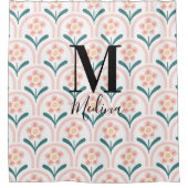Pastel Flora Patroon Zwart Monogram Modern Script Douchegordijn (Voorkant)