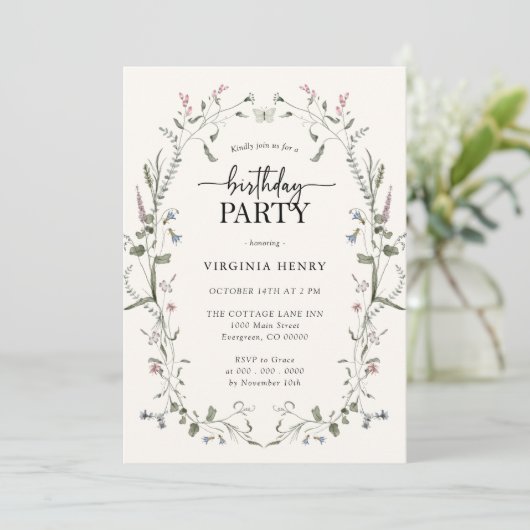 Pastel Floral Birthday Party Invitation Kaart (Staand voorkant)