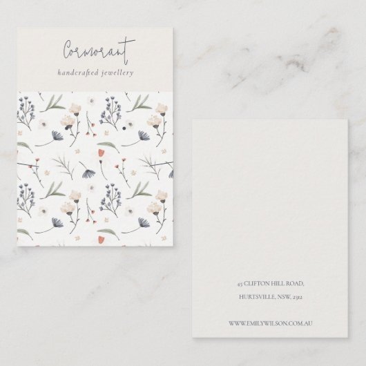 Pastel Floral Blue Rust Script Earning Ketting Visitekaartje (Voorkant / Achterkant)
