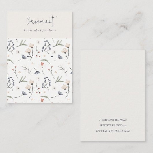 Pastel Floral Blue Rust Script Earring Stud Holder Visitekaartje (Voorkant / Achterkant)