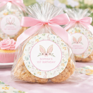 Pastel Floral Bunny Ears Girls 1st Birthday Favor  Ronde Sticker