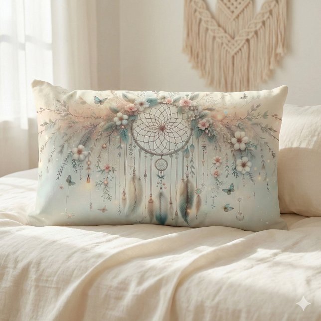 Pastel Floral Butterfly Dreamcatcher Kussen (Pastel Floral Butterfly Dreamcatcher Lumbar Pillow Mockup A)