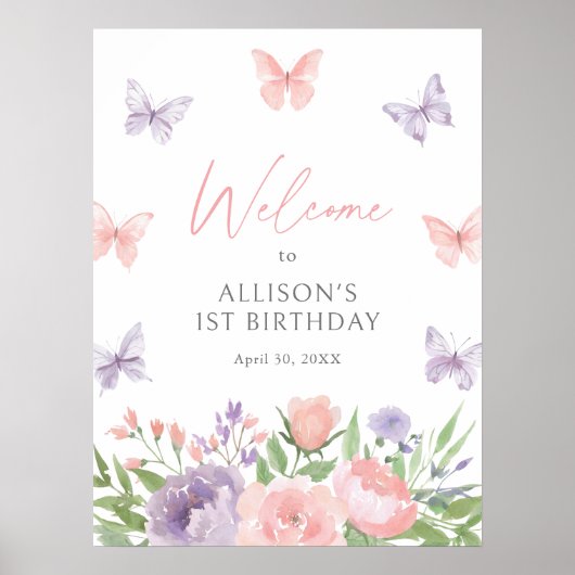 Pastel Floral Butterfly Verjaardag Welkomstbord Poster (Voorkant)