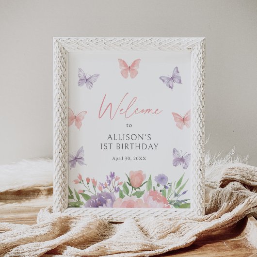 Pastel Floral Butterfly Verjaardag Welkomstbord Poster
