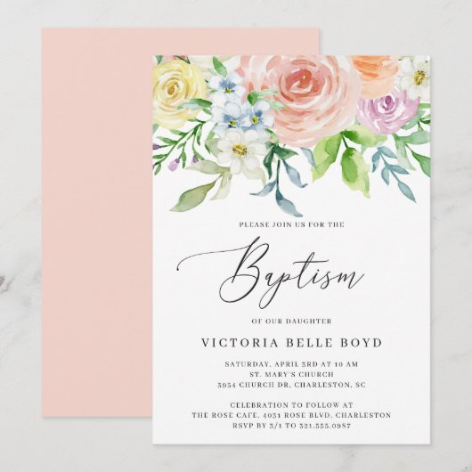 Pastel Floral Coral Peach Baby Girl Baptisme Kaart (Voorkant / Achterkant)