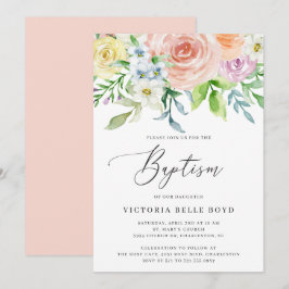 Pastel Floral Coral Peach Baby Girl Baptisme Kaart