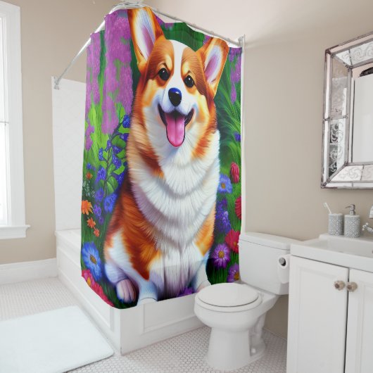 Pastel Floral Corgi Douchegordijn (In situ)