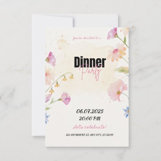 Pastel Floral Dinner Party Invite RSVP Kaartje (Voorkant)