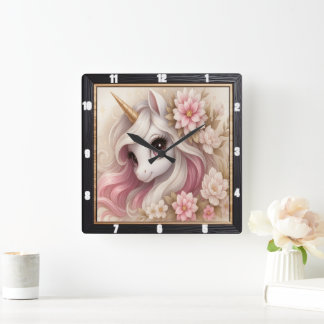 Pastel Floral Dreamy Unicorn Vierkante Klok