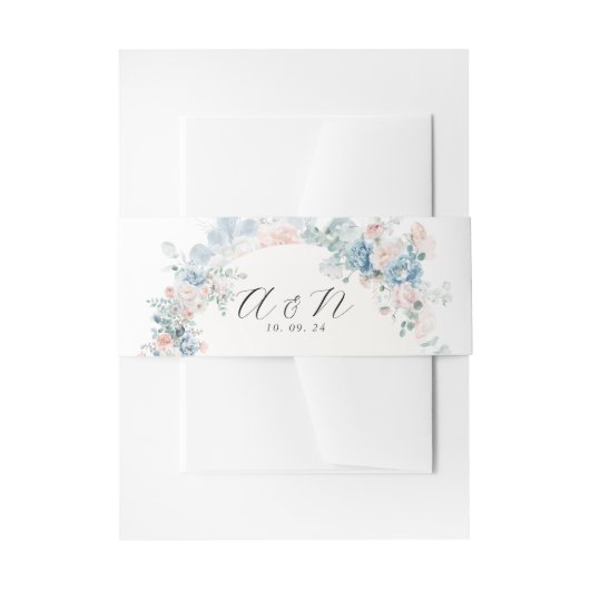 Pastel Floral Dusty Blue Peach Monogram Huwelijk Uitnodigingen Wikkel (Voorkant Voorbeeld)