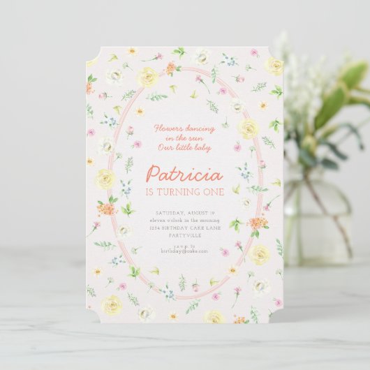 Pastel Floral Eerste Verjaardag Uitnodiging (Staand voorkant)
