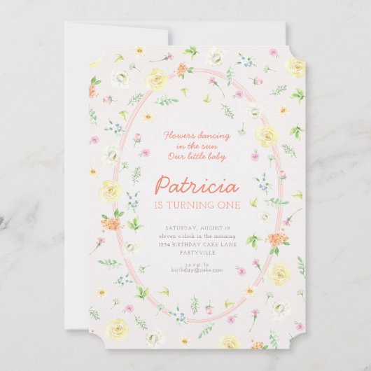 Pastel Floral Eerste Verjaardag Uitnodiging (Voorkant)