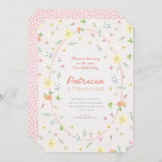 Pastel Floral Eerste Verjaardag Uitnodiging (Voorkant / Achterkant)