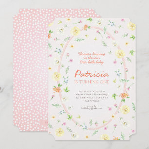 Pastel Floral Eerste Verjaardag Uitnodiging