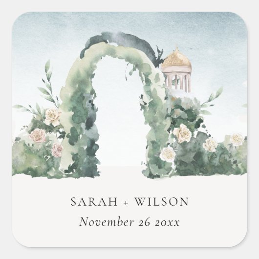 Pastel Floral Green Garden Arch Botanical Wedding Vierkante Sticker (Voorkant)