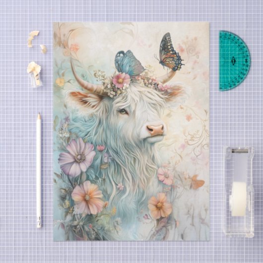 Pastel Floral Highland Cow Decoupage Tissuepapier (Craft)