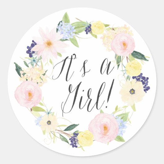 Pastel Floral krans Het is een meisje Baby shower Ronde Sticker (Voorkant)