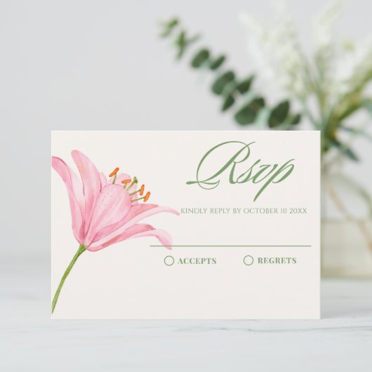 Pastel floral lelie roze groen RSVP kaartje (Staand voorkant)