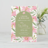 Pastel floral lelie roze groene bruiloft verjaarda kaart (Staand voorkant)