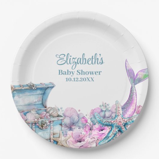 Pastel Floral Mermaid Tail Baby shower Papieren Bordje (Voorkant)