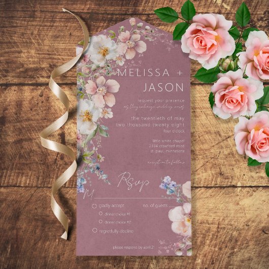 Pastel Floral Modern Dusty Pink Dinner All In One Uitnodiging