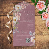 Pastel Floral Modern Dusty Pink QR Code All In One Uitnodiging