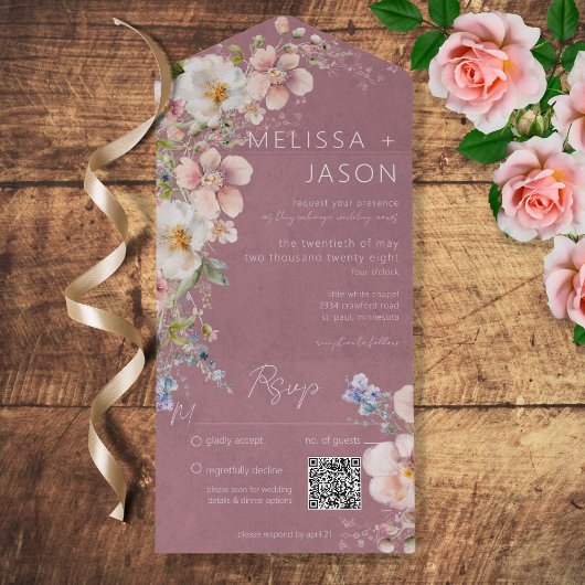 Pastel Floral Modern Dusty Pink QR Code All In One Uitnodiging