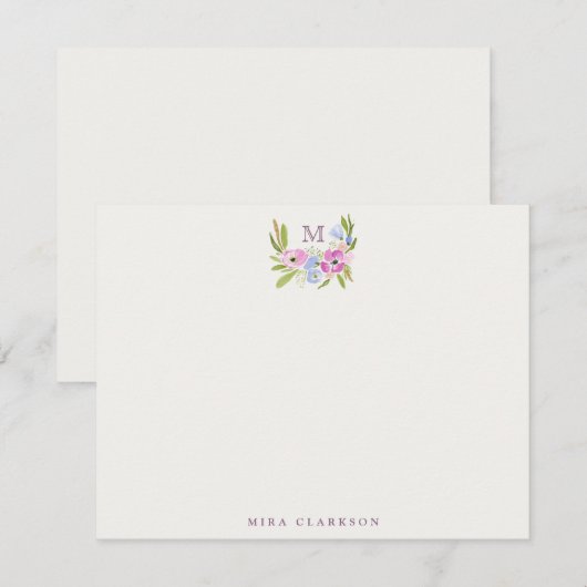 Pastel Floral Monogram Note Card Kaart (Voorkant / Achterkant)
