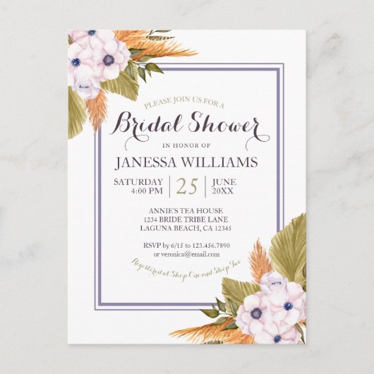 Pastel Floral Pampas Grass Vrijgezellenfeest Uitnodiging Briefkaart (Voorkant)