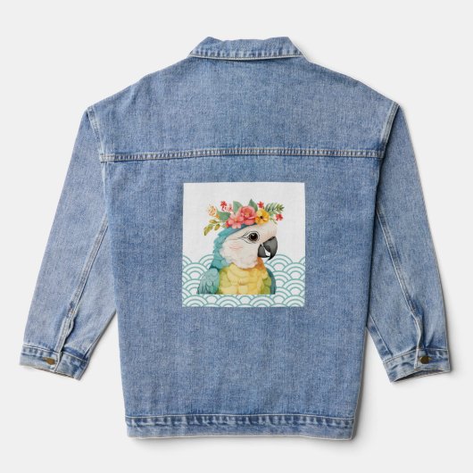 Pastel Floral Parrot Wave Pattern Illustratie Denim Jacket (Achterkant)