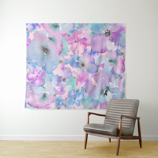 *~* Pastel Floral Pattern Blue Pink FLowers  Wandkleed (In Situ (horizontaal))