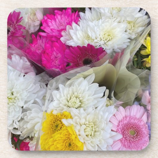 Pastel Floral Pink, Geel en Wit Chrysanthemum Bier Onderzetter (Voorkant)